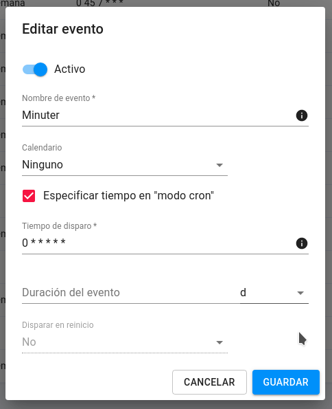 Evento configurado para dispararse con el cambio de minuto