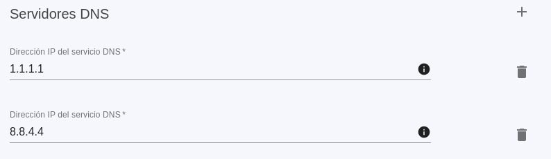 Configuración DNS con dos servidores seleccionados (1.1.1.1 y 8.8.4.4)